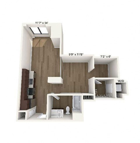 Floor plan for studio, 1 bath, 666 sqft