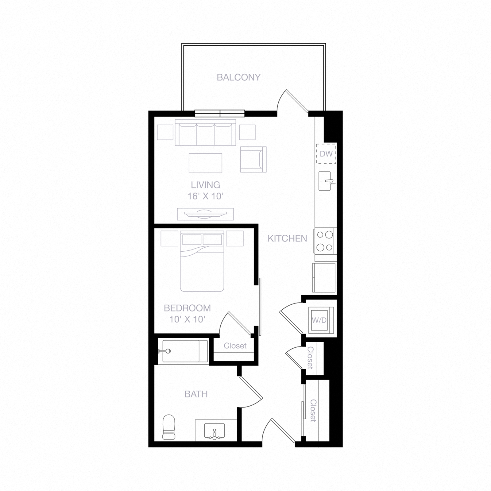 Floor plan for 1 bed, 1 bath, 601 sqft