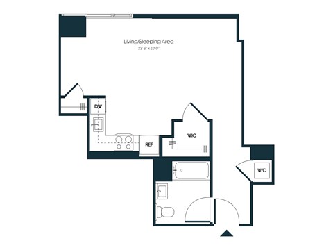 Floor plan for studio, 1 bath, 569 sqft