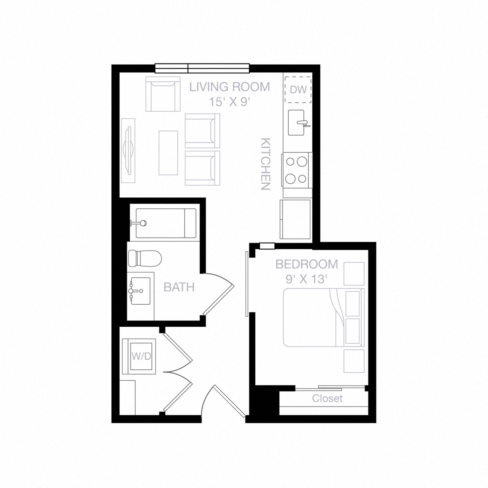 Floor plan for 1 bed, 1 bath, 461 sqft