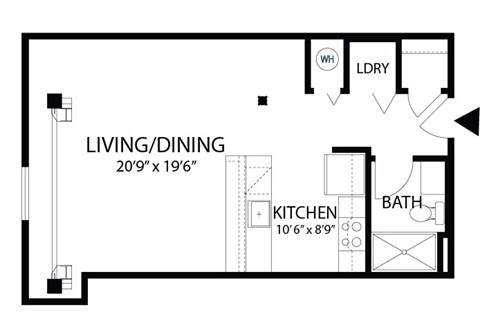 Floor plan for studio, 1 bath, 515 sqft