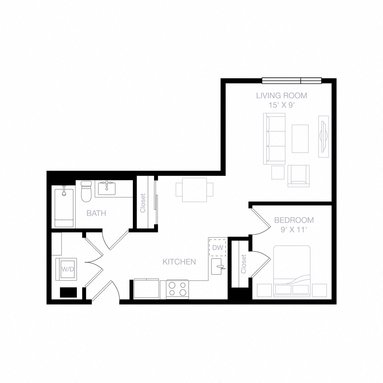 Floor plan for 1 bed, 1 bath, 667 sqft
