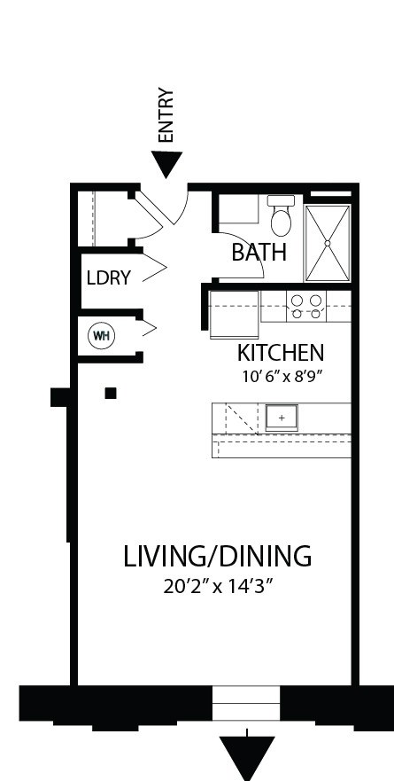 Floor plan for studio, 1 bath, 530 sqft