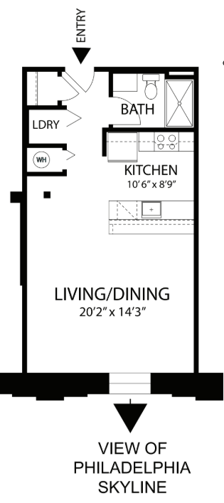 Floor plan for studio, 1 bath, 530 sqft