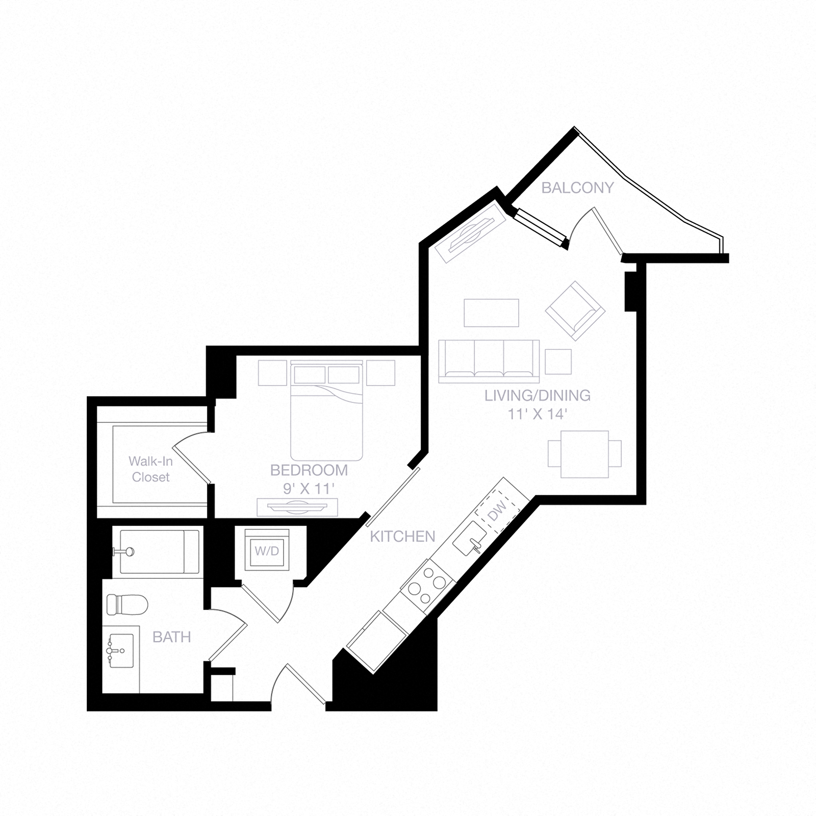 Floor plan for 1 bed, 1 bath, 599 sqft