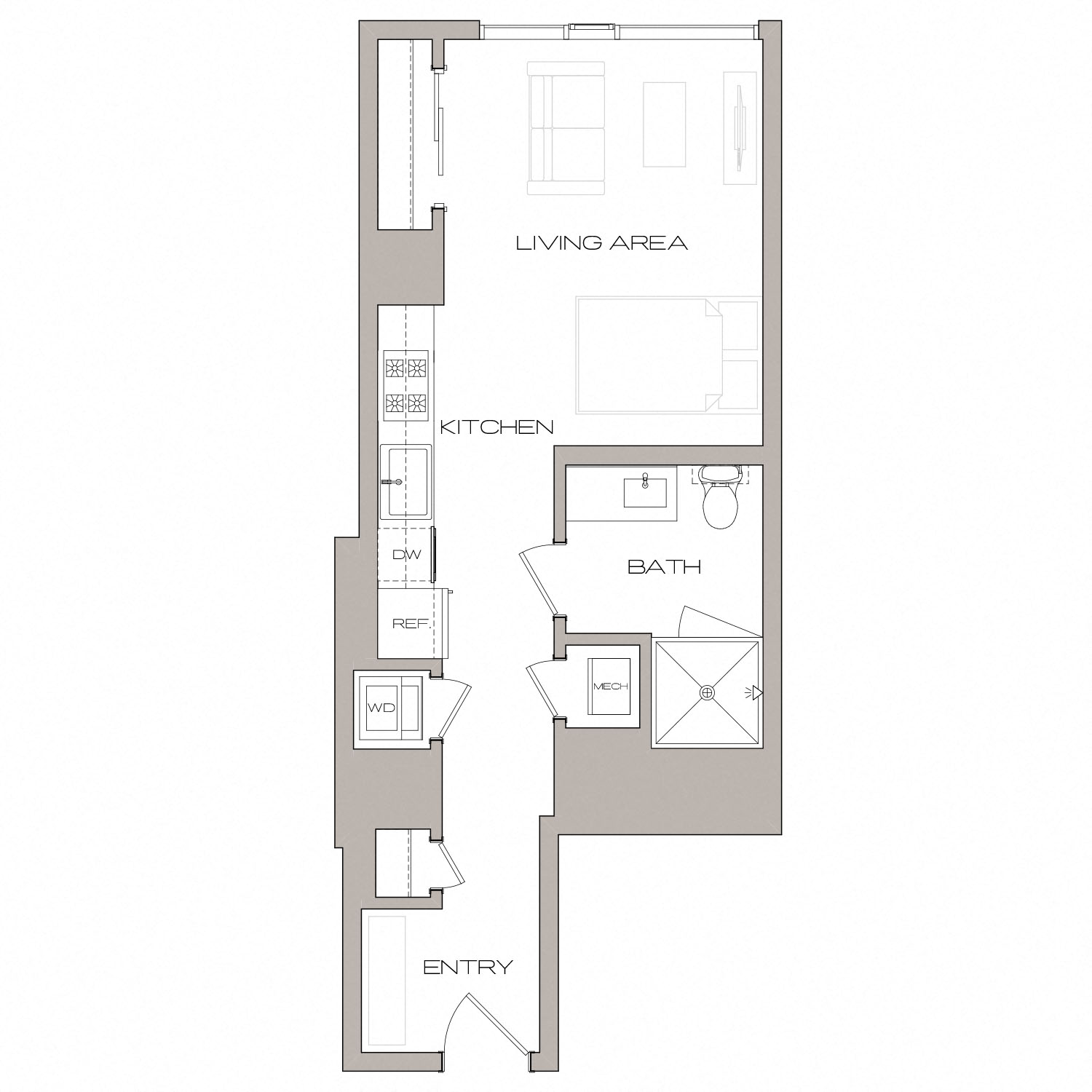 Floor plan for studio, 1 bath, 451 sqft