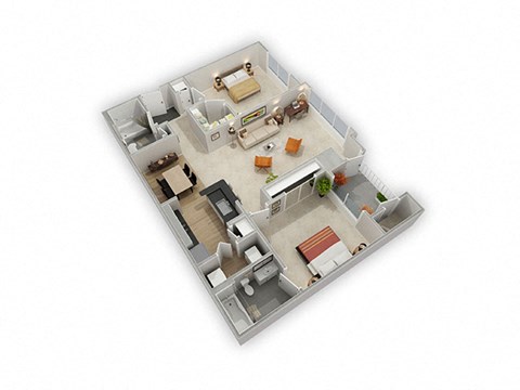 Floor plan for 2 beds, 2 baths, 1053 sqft