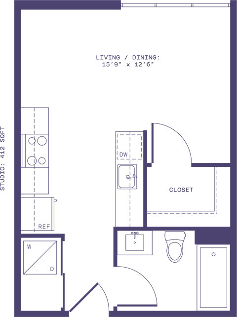 Floor plan for studio, 1 bath, 412 sqft
