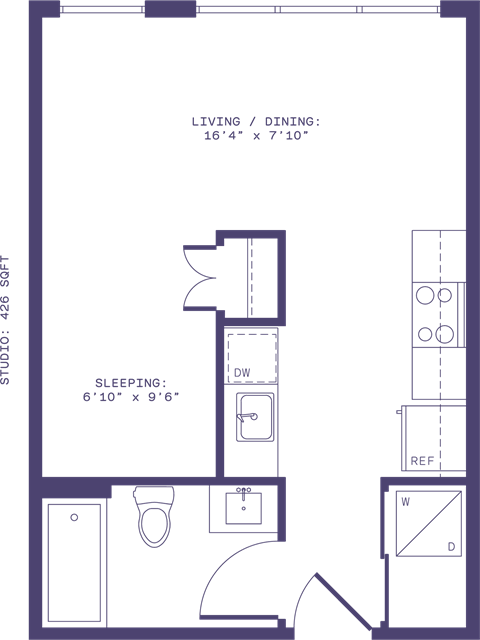 Floor plan for studio, 1 bath, 426 sqft
