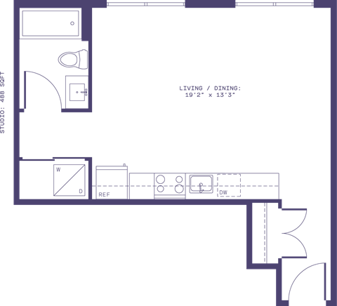 Floor plan for studio, 1 bath, 488 sqft