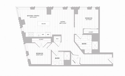 Floor plan for 2 beds, 2 baths, 1103 sqft