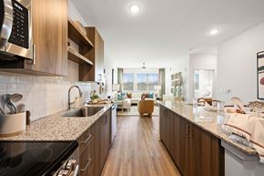 Raleigh apartment for rent - A modern kitchen with wooden cabinets and a marble countertop.