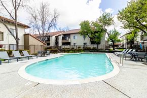 San Jose apartment for rent - A swimming pool surrounded by lounge chairs and trees.