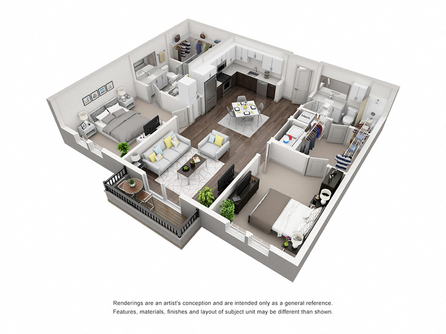 Floor plan for 2 beds, 2 baths, 1082 sqft