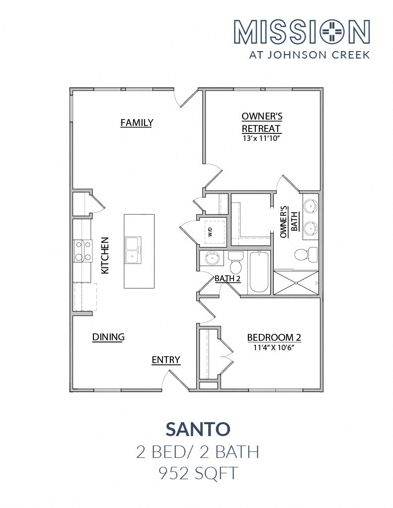 Floor plan for 2 beds, 2 baths, 960 sqft