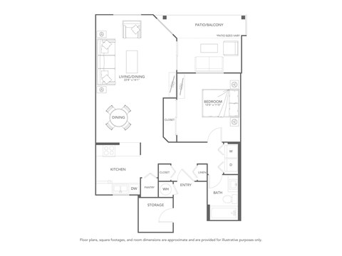 Floor plan for 1 bed, 1 bath, 781 sqft