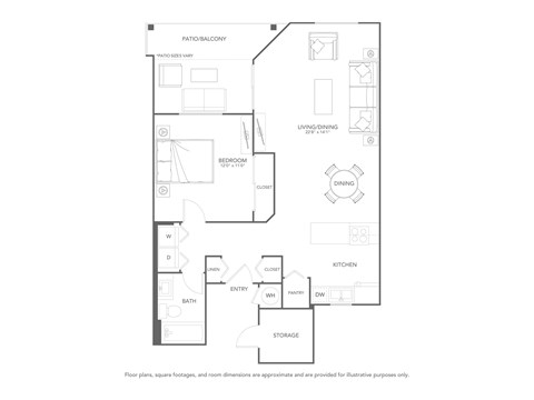 Floor plan for 1 bed, 1 bath, 781 sqft