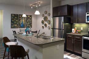 San Antonio apartment for rent - A kitchen with a granite countertop and a stainless steel refrigerator.