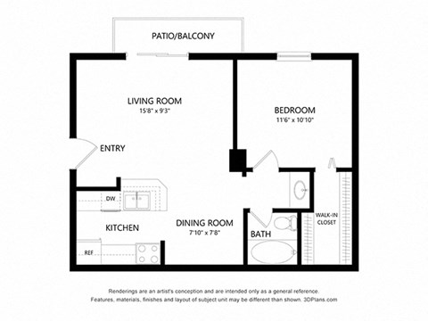 Floor plan for 1 bed, 1 bath, 567 sqft