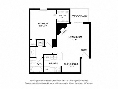 Floor plan for 1 bed, 1 bath, 622 sqft