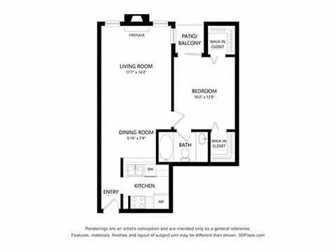 Floor plan for 1 bed, 1 bath, 630 sqft