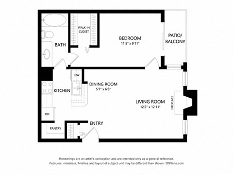 Floor plan for 1 bed, 1 bath, 656 sqft