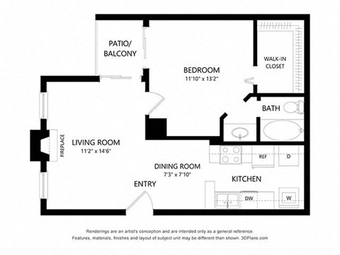 Floor plan for 1 bed, 1 bath, 676 sqft