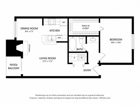 Floor plan for 1 bed, 1 bath, 706 sqft