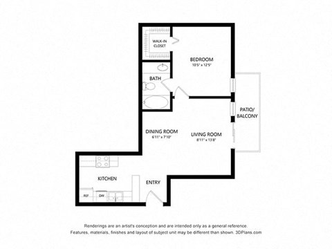 Floor plan for 1 bed, 1 bath, 566 sqft