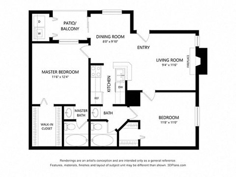 Floor plan for 2 beds, 2 baths, 830 sqft