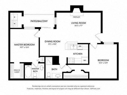 Floor plan for 2 beds, 2 baths, 892 sqft