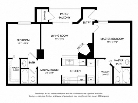 Floor plan for 2 beds, 2 baths, 925 sqft