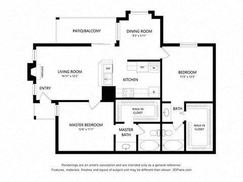Floor plan for 2 beds, 2 baths, 965 sqft