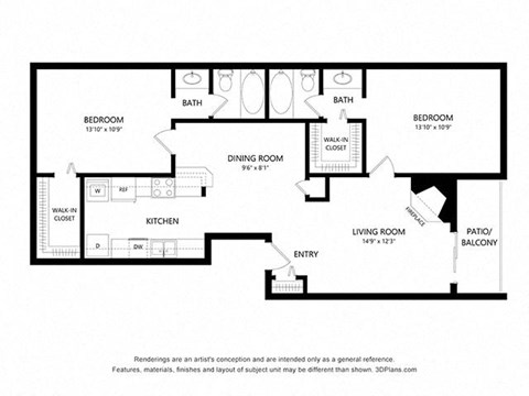 Floor plan for 2 beds, 2 baths, 979 sqft