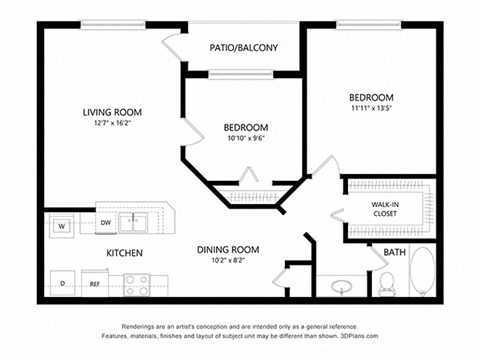 Floor plan for 2 beds, 1 bath, 881 sqft