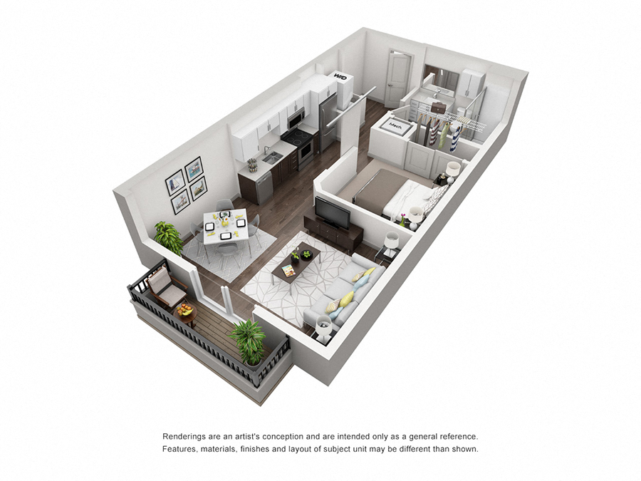 Floor plan for 1 bed, 1 bath, 599 sqft