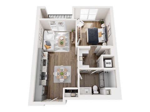 Floor plan for 1 bed, 1 bath, 677 sqft