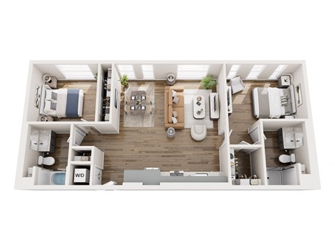 Floor plan for 2 beds, 2 baths, 1077 sqft