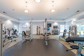 Chapel Hill apartment for rent - A spacious gym with various exercise equipment and a large mirror on the wall.