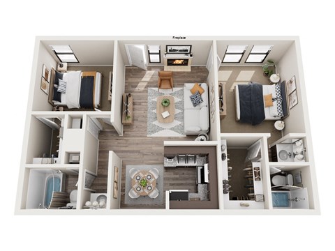 Floor plan for 2 beds, 2 baths, 833 sqft