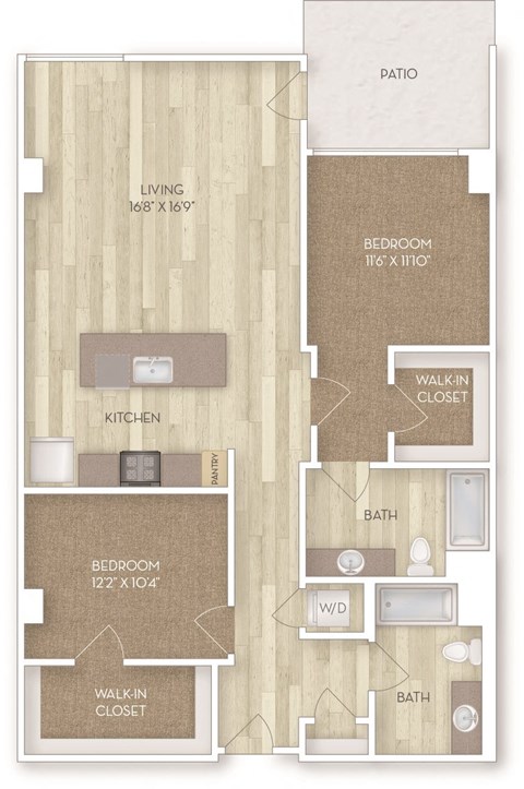 Floor plan for 2 beds, 2 baths, 1249 sqft