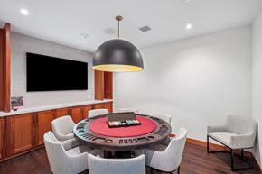 Richmond apartment for rent - A modern dining room with a round table and grey chairs.
