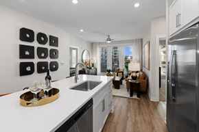 Charlotte apartment for rent - A modern kitchen with a large island and a view of the city.