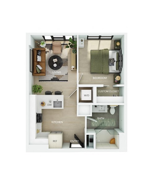 Floor plan for 1 bed, 1 bath, 539 sqft