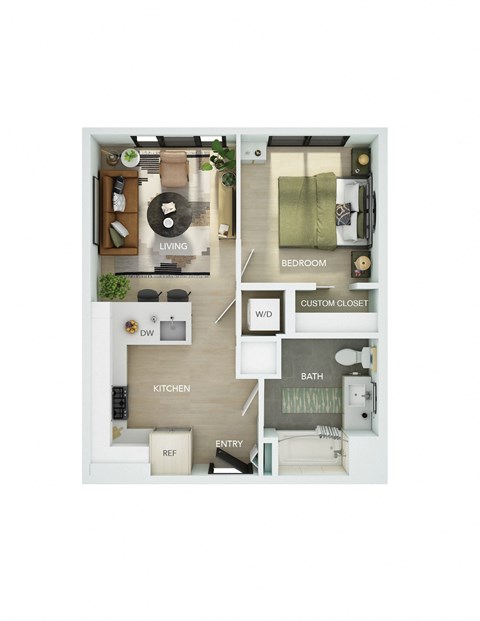 Floor plan for 1 bed, 1 bath, 539 sqft
