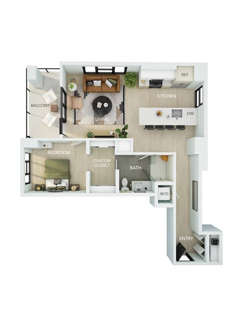Floor plan for 1 bed, 1 bath, 810 sqft
