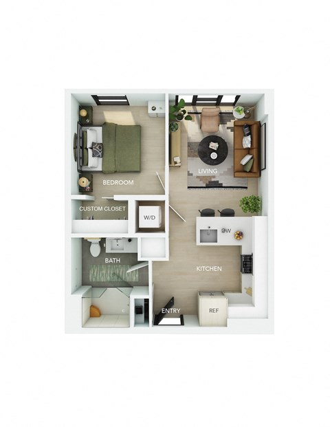 Floor plan for 1 bed, 1 bath, 543 sqft