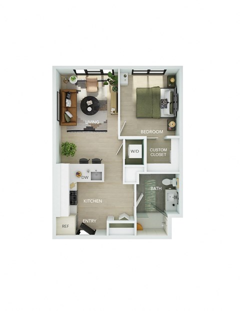 Floor plan for 1 bed, 1 bath, 578 sqft