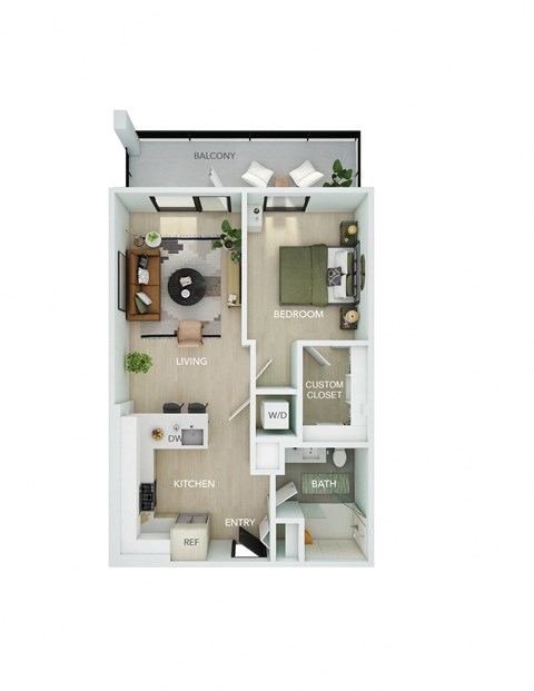Floor plan for 1 bed, 1 bath, 631 sqft