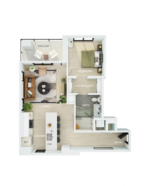 Floor plan for 1 bed, 1 bath, 782 sqft